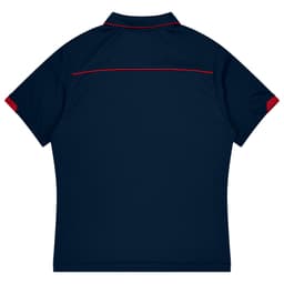 A navy blue polo shirt with red accents and a logo, designed as sports uniform apparel.