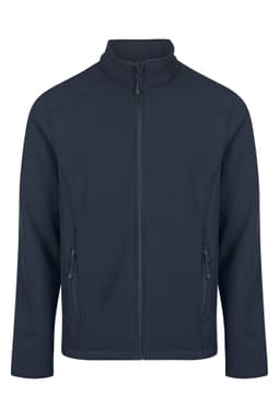 A dark blue soft shell jacket with a zip and two front pockets. It features a simple design and has a logo.
