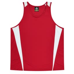 A red singlet with white panel accents and a logo on the neckline. Suitable for casual wear or active use.