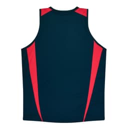 A dark blue singlet with red side stripes and a logo on the back.