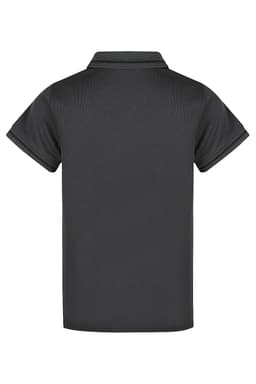 A black polo shirt with short sleeves and a collar, featuring a logo on the back.