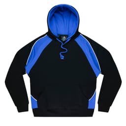 A black hoodie with blue accents and a blue inner hood. It features a logo and a drawstring at the neck.