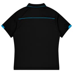 A black polo shirt with blue accents and a logo at the back, designed for kids' sports uniforms.