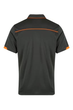 A dark green polo shirt with orange accents, featuring a collar and short sleeves. It has a branding logo.