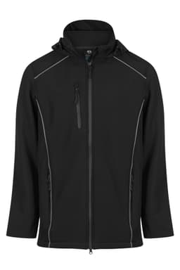 A black soft shell jacket with a hood, featuring zippered pockets and contrasting trim.