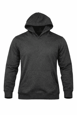 A dark grey hoodie featuring a front pocket and a hood, suitable for kids. Includes a logo.