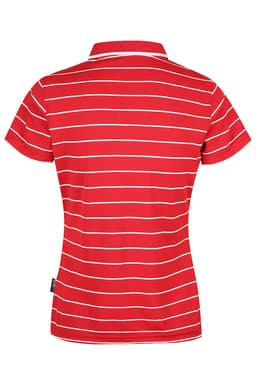 A red polo shirt with white stripes, featuring a collar and short sleeves. The shirt has a logo.