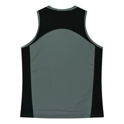 A grey and black singlet featuring a sleek design and a logo on the back.