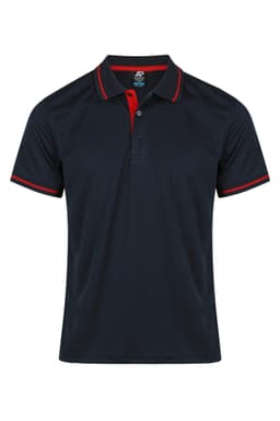 A navy polo shirt with red accents and a collar, featuring a logo on the chest.