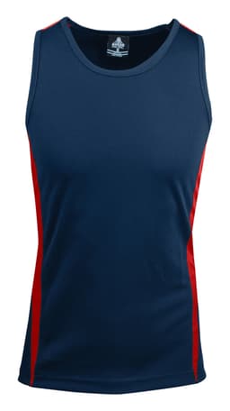 A navy singlet with red side panels and a logo. Ideal for active wear.