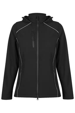 A black soft shell jacket with a hood, featuring zippered pockets and contrasting stitching. It has a logo.