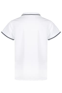A white polo shirt featuring contrasting trim and a collar. The back view highlights its smooth design and fit.