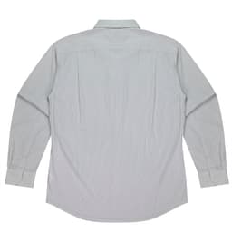 A long sleeve button-up shirt in a light grey and white striped pattern, featuring a back yoke design and a logo.