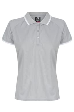 A light grey polo shirt with white accents and a logo on the collar. Short-sleeved design for a casual look.