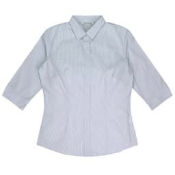 A button-up shirt with 3/4 sleeves, featuring a light blue and white striped pattern and a logo.