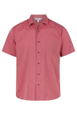 A short sleeve button-up shirt in a red and white striped pattern, featuring a single chest pocket and a logo.