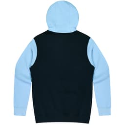 A hoodie featuring a black body and light blue sleeves, with a hood and a branding logo on the back.