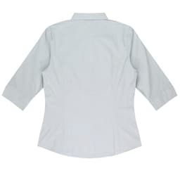A light grey button-up shirt with 3/4 sleeves, featuring a tailored fit and a back view. It has a logo.
