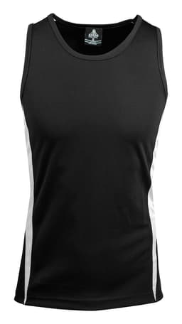 A black singlet with white side panels, featuring a logo on the neckline. Ideal as part of a casual or active wardrobe.