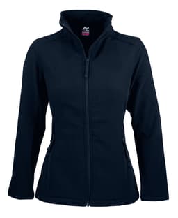 A navy soft shell jacket with a zip front and two side pockets. Features a collar and has a logo.