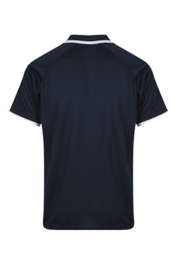 A navy polo shirt featuring a contrasting white trim and a logo on the back.
