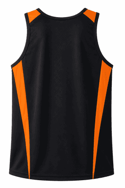 A black singlet with orange side panels and a logo on the back. Suitable for various activities.