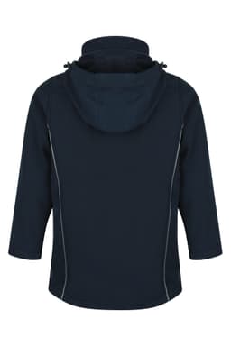 A navy jacket with a hood and zippered sides, featuring a sleek design and an attached neck collar.