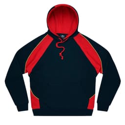 A navy hoodie with red and yellow accents, featuring a front pocket and adjustable drawstring hood.