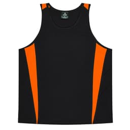 A black singlet with orange side panels and a logo on the label.