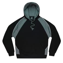 A black and grey hoodie with a front pocket and a drawstring hood, featuring a logo.