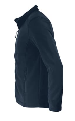 A soft shell jacket in navy blue, featuring a zippered pocket and a sleek design. It has a logo on it.