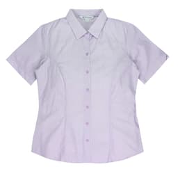 A short-sleeve button-up shirt in light purple with a fitted design and a collar, featuring a logo.