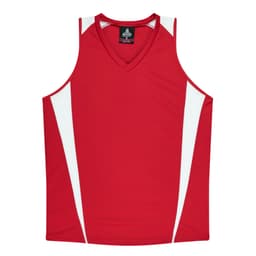 A red singlet with white panels on the sides and a V-neck design. The singlet features a logo.