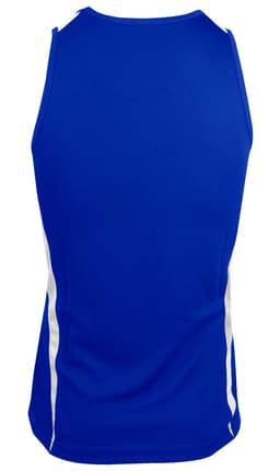 A blue singlet with white side stripes and a logo on the back.
