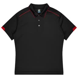 A black polo shirt with red accents, featuring a collar and buttons. It includes a logo on the chest area.
