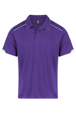 A purple polo shirt with white accents and a collar, featuring a logo on the chest.
