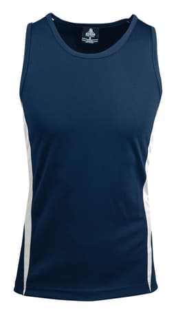A navy singlet with white side stripes. It features a branded label at the neckline.
