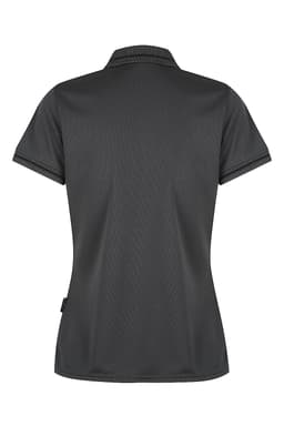 A dark grey polo shirt with a classic collar and short sleeves, featuring a logo on the side.