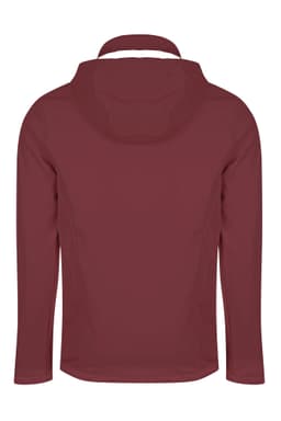 A maroon jacket with a hood, featuring a simple design and a logo on the back.