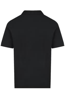 A black polo shirt displaying a simple, classic design with a collar and short sleeves. It features a logo.