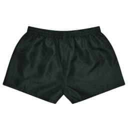 Dark green rugby shorts with an elastic waistband and a smooth, shiny fabric. Features a logo on the side.