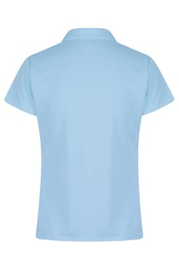 A light blue polo shirt with a short sleeve and a classic collar, featuring a branded logo.
