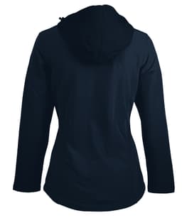 A soft shell jacket in navy blue with a hood, featuring a simple design and a branding logo.