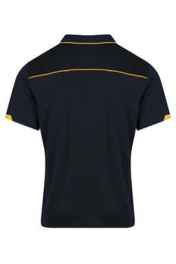 A navy polo shirt featuring yellow accents on the shoulders and a branded logo on the back.