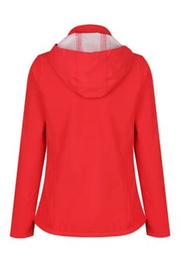A red soft shell jacket with a hood, featuring a plain back and minimalist design. It has a logo displayed.