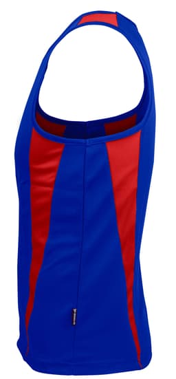 A blue singlet featuring red stripes on the sides and a logo on the hem. Ideal for athletic wear.
