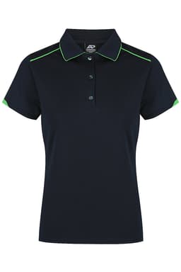 A navy polo shirt with green accents and a logo on the chest, featuring a classic collar and buttoned placket.