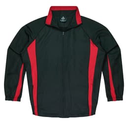 A black track jacket with red side stripes and a zip front, featuring a logo on the chest.