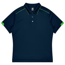 A navy polo shirt with green accents, featuring a classic collar and three buttons. It has a logo on the upper left side.