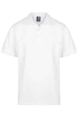 A white polo shirt featuring a collar and a placket, with a branding logo on the label.